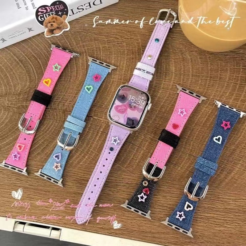 Y2k Star สีดําสีชมพู Denim ผ้าใบสําหรับ Apple Watch 10 9 7 8 SE 6 5 4 น่ารักสาวสายหนังสําหรับ iwatch 42 มม.46 มม.41 มม.38 มม.45 42 44 49 40 มม.