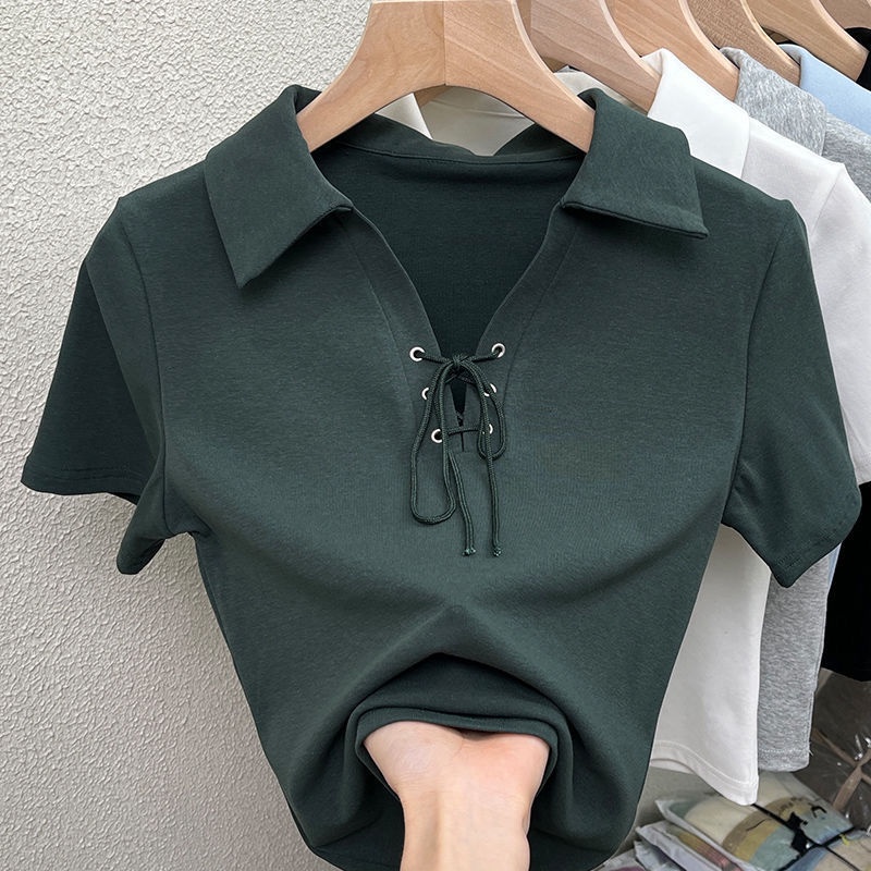 Bh เสื้อยืดทรงโปโล แขนสั้น ผ้าฝ้าย ผูกเชือก แฟชั่นฤดูร้อน สําหรับผู้หญิง