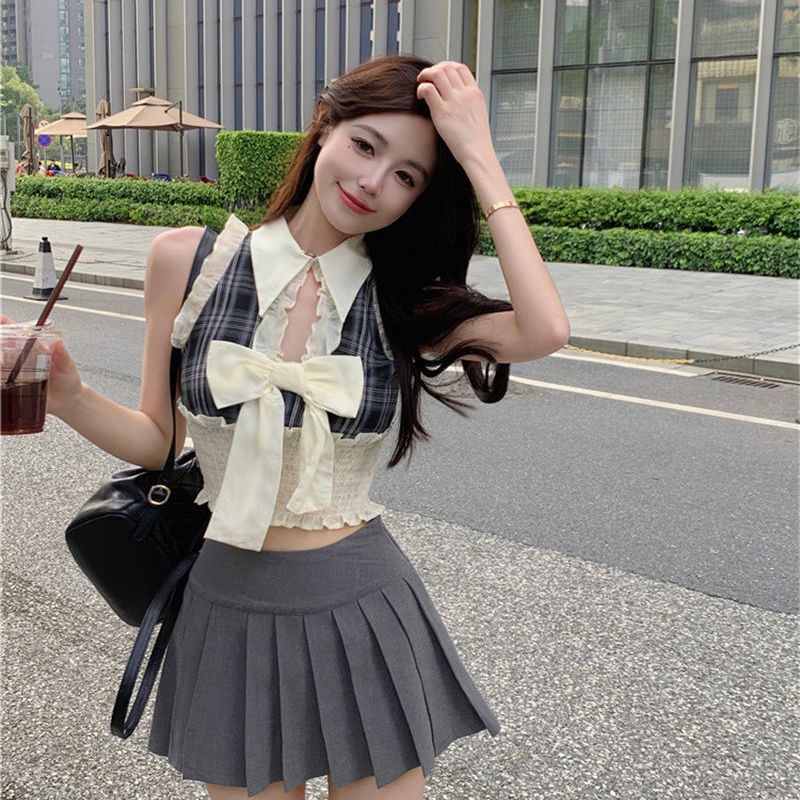 เสื้อกล้าม สายคล้องคอ ประดับโบว์ แฟชั่นฤดูร้อน สําหรับผู้หญิง