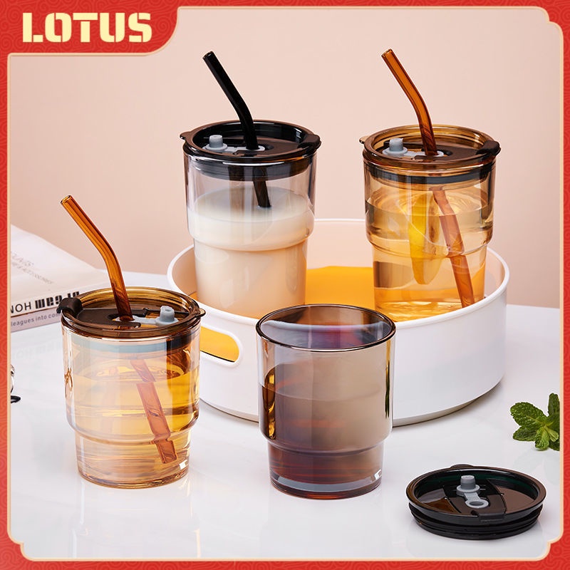 แก้วกาแฟ 400ml สไตล์มินิมอล พร้อมหลอดแก้ว ฝาปิด ปลอกหนังกันร้อน