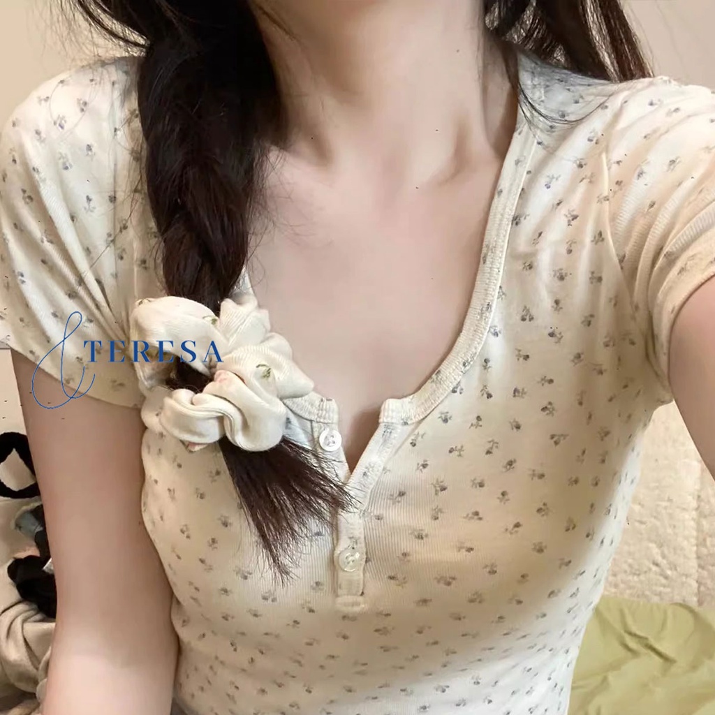 NEWเสื้อครอปแขนสั้นสุดน่ารักผ้าร่องผ้ายืดใส่กับอะไรก็สวย
