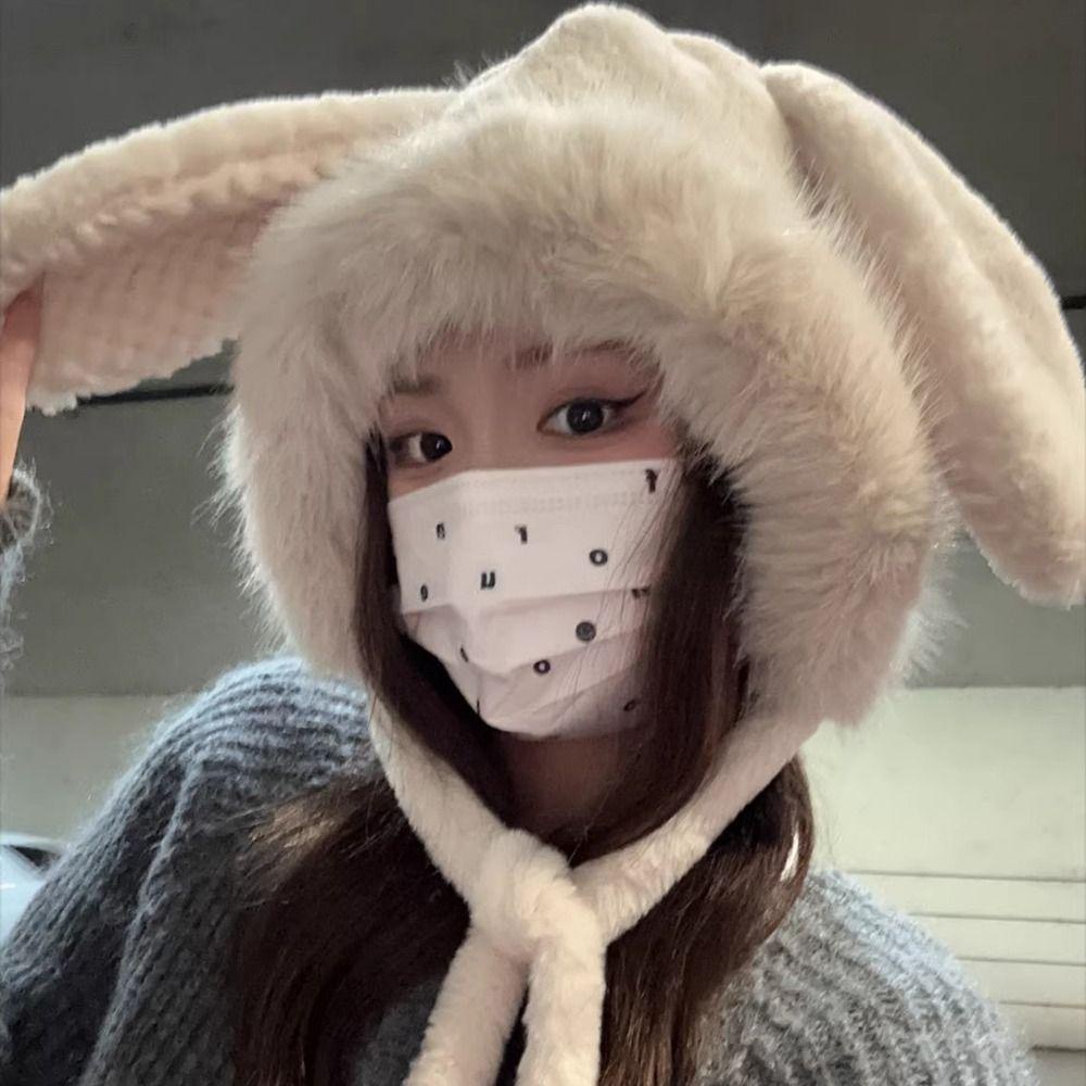 หมวกบักเก็ต ผ้าวูล แบบหนา แต่งหูกระต่ายน่ารัก ให้ความอบอุ่น แฟชั่นฤดูหนาว สําหรับผู้หญิง