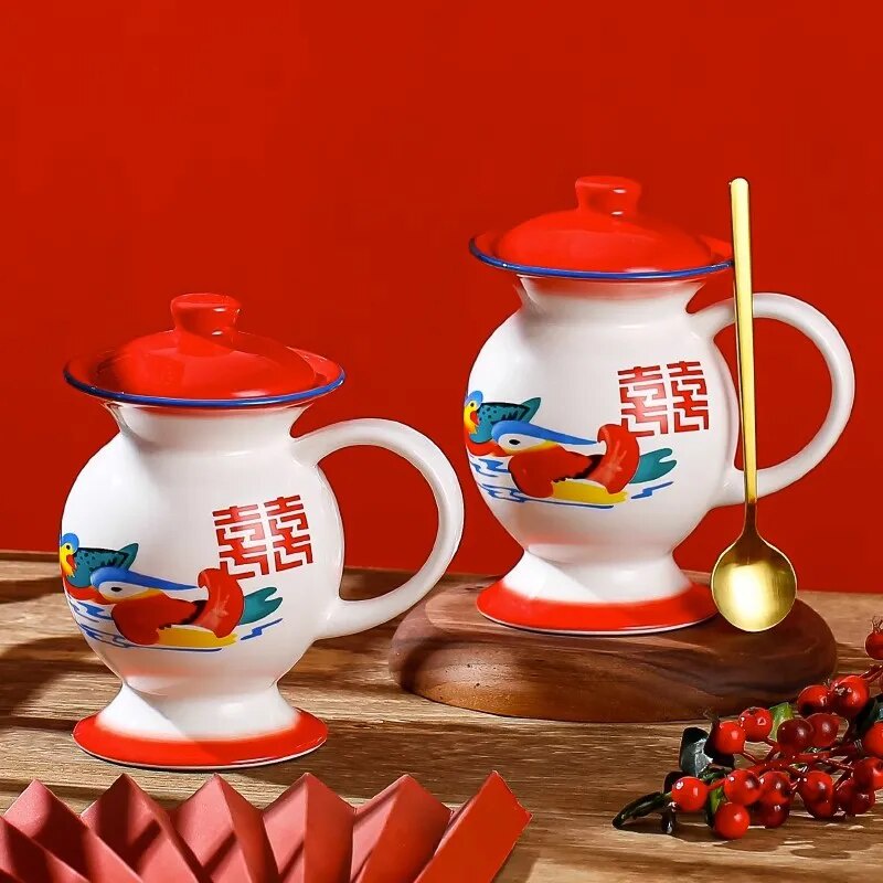 GIANXI Retro Chinese Ceramic Spittoon Cup Double Happiness Mandarin Duck Cups With Lid Wedding Gifts