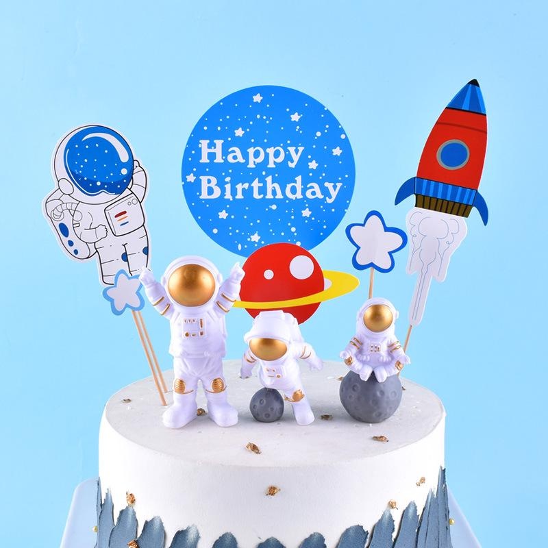 (HOCANPARTY) 6PC เค้ก TOPPER วันเกิดเค้ก DECORTATIONS ASTRONAUTS SPACE PLANE PLANET SPACE
