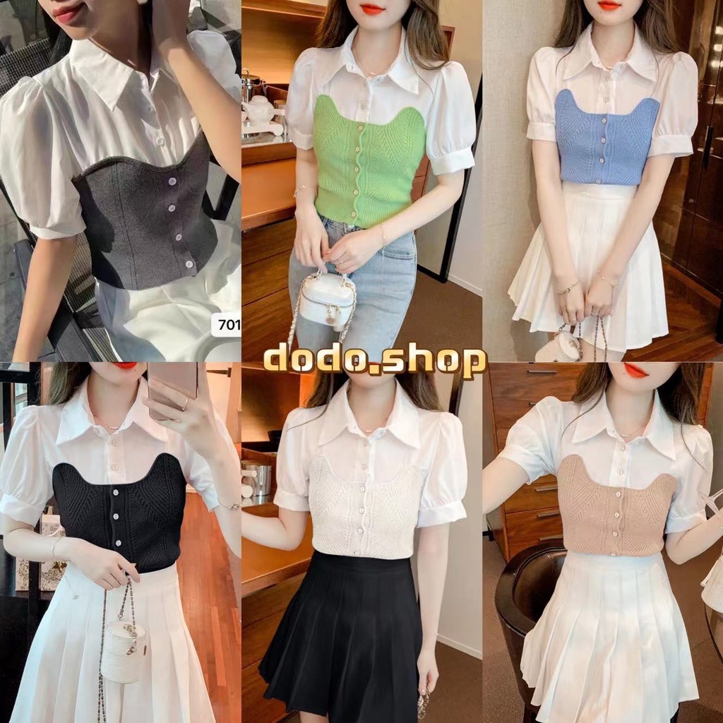 DODOพร้อมส่ง*เสื้อแขนตุ๊กตา คอปกแต่งกระดุมหน้าสีตัดทูโทน ผ้าไหมพรม สวมใส่สบายมาก(01035/70135/70136)