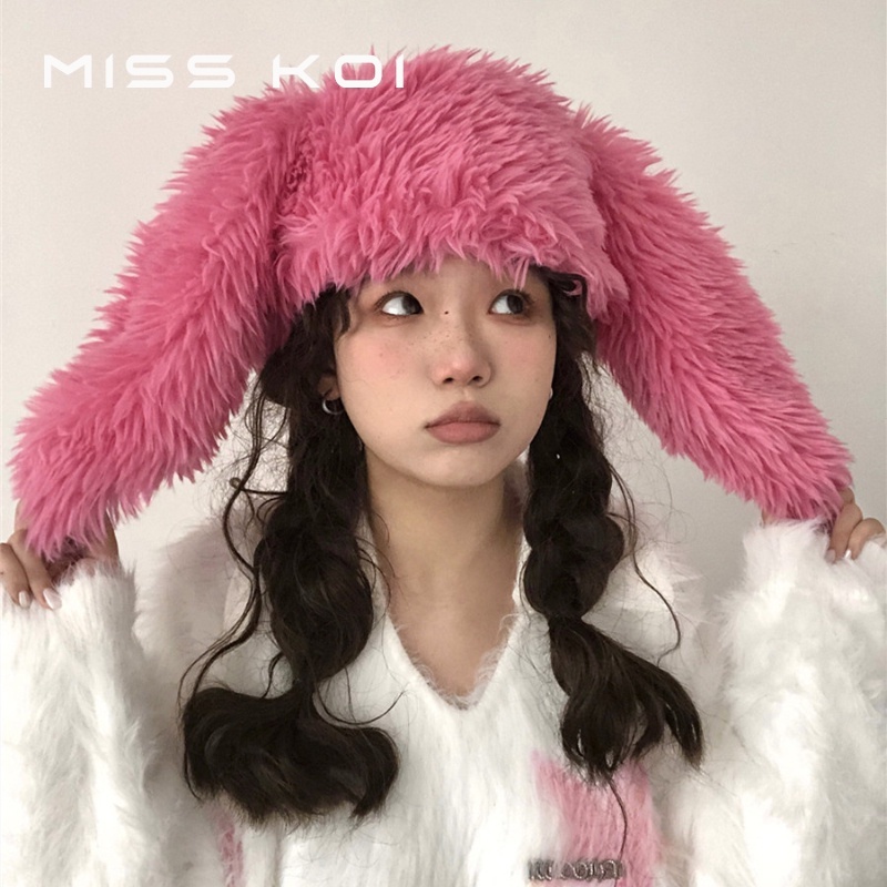 Misskoi [พร้อมส่ง] หมวกหูกระต่ายน่ารัก ผ้ากํามะหยี่ขนนิ่ม สีแดงกุหลาบ แฟชั่นฤดูใบไม้ร่วง และฤดูหนาว