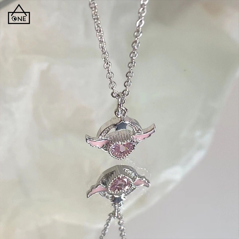 COD❤️สร้อยคอจี้ปีกนางฟ้าเพทายลายหัวใจสีชมพูเกาหลีระดับไฮเอนด์หรูหราโซ่ไหปลาร้าแฟชั่นเครื่องประดับสำหรับผู้หญิง-a.one