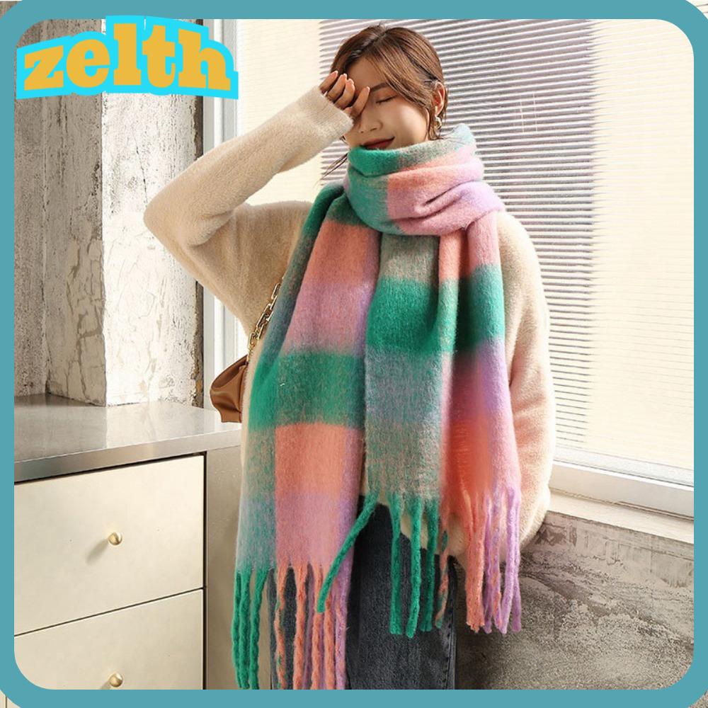 Zelth ผ้าพันคอ ผ้าคลุมไหล่ ผ้าแคชเมียร์ แบบหนา แต่งพู่ยาว ลายสก๊อต สีรุ้ง ให้ความอบอุ่น สไตล์เกาหลี เหมาะกับฤดูหนาว สําหรับผู้หญิง