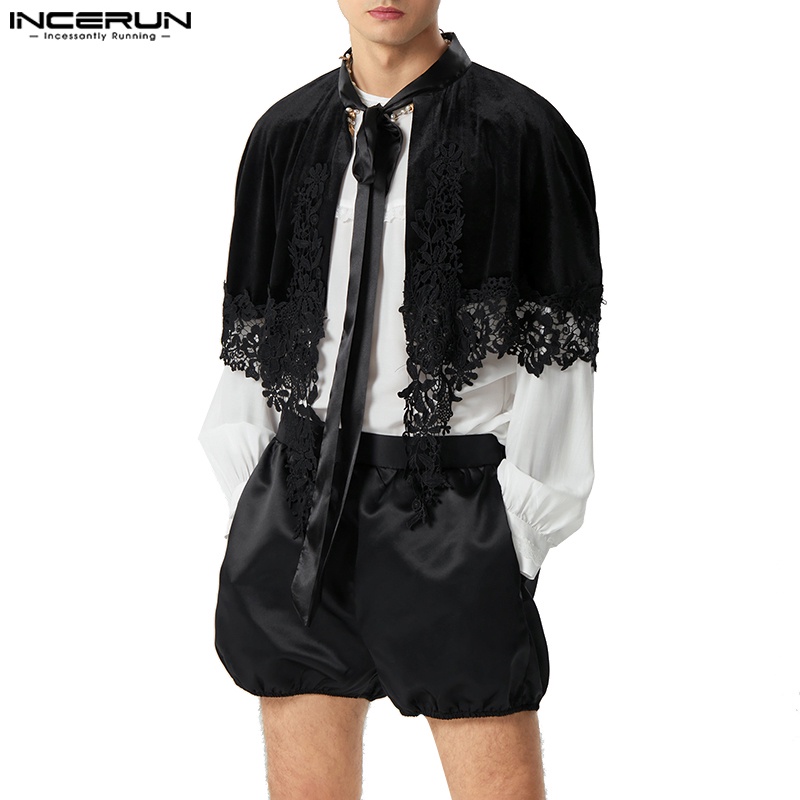 Incerun เสื้อคลุมสั้น ผ้ากํามะหยี่ ลูกไม้ เย็บปะติดปะต่อกัน สไตล์วินเทจ สําหรับผู้ชาย