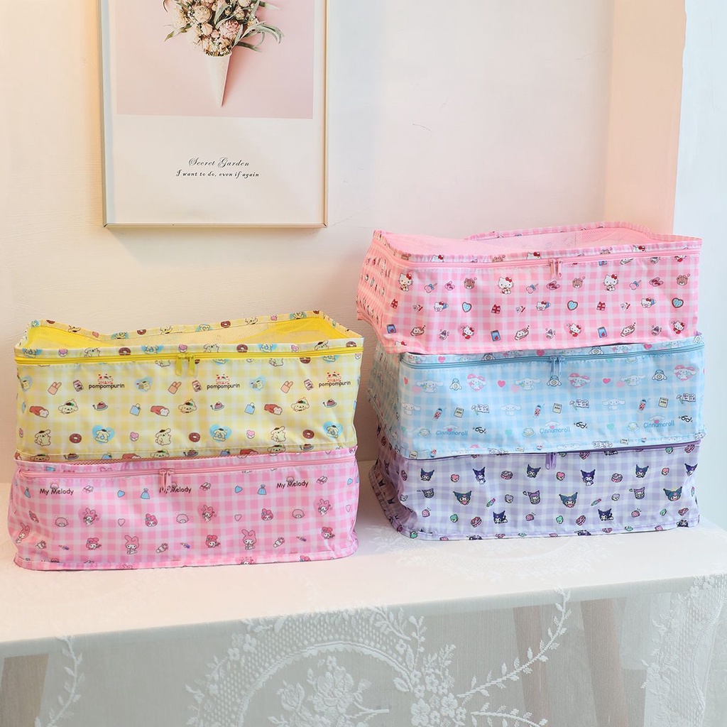 กระเป๋าเก็บเสื้อผ้า ผ้านวม ป้องกันฝุ่น แบบพับได้ ลายหมีคุโรมิ สีรุ้ง สําหรับเดินทาง 6 ชิ้น