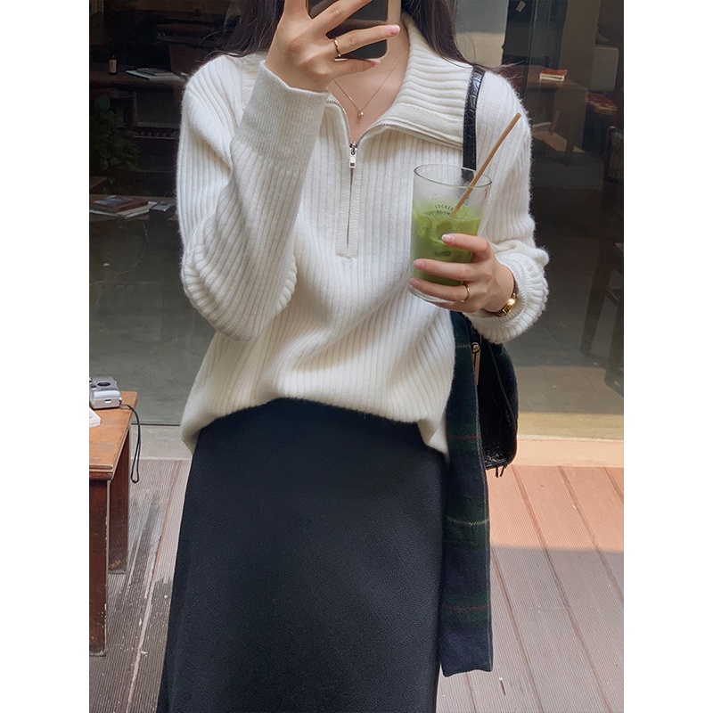 Xiao เสื้อกันหนาว ผ้าถัก มีซิป ทรงหลวม สไตล์ตะวันตก ฤดูใบไม้ร่วง ฤดูหนาว สําหรับผู้หญิง JE43