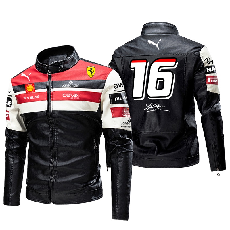 F1 Ferrari Racing Suit + ใหม่ เสื้อแจ็กเก็ตหนัง คอปกตั้ง สําหรับผู้ชาย + ชุดกีฬากลางแจ้ง Carlos Sainz No. Charles Leclerc เบอร์ 55 เสื้อโค้ท 16 ชิ้น