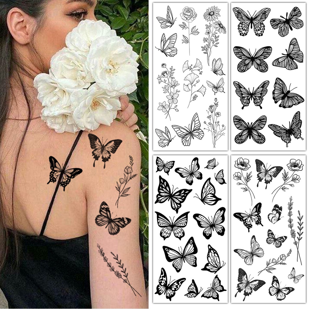 สติกเกอร์รอยสักชั่วคราว ลายผีเสื้อ ดอกไม้ กันน้ํา กันเหงื่อ ติดทนนาน DIY 1 ชิ้น