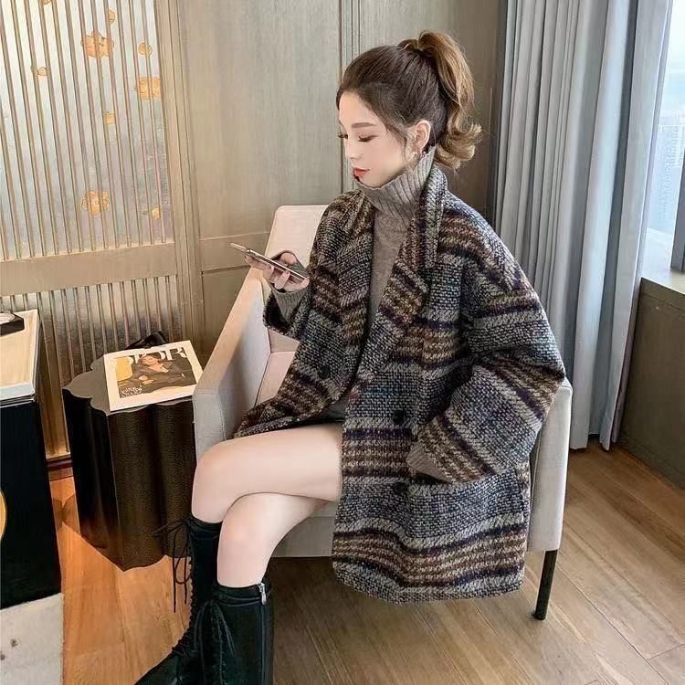 เสื้อโค้ท ผ้าวูล ลายสก๊อต ทรงหลวม ขนาดใหญ่ แฟชั่นฤดูใบไม้ร่วง และฤดูหนาว สไตล์เกาหลี สําหรับผู้หญิง ไซซ์ L - 4XL