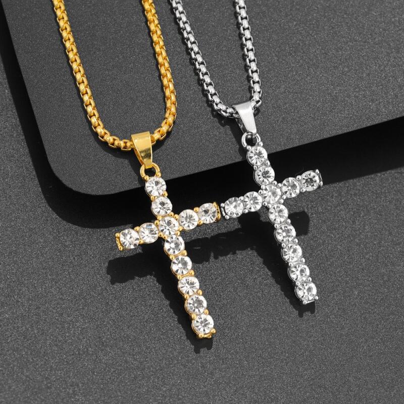 สร้อยคอ จี้ไม้กางเขน ประดับเพทาย สไตล์พังก์ร็อค ฮิปฮอป แฟชั่นสําหรับผู้ชาย