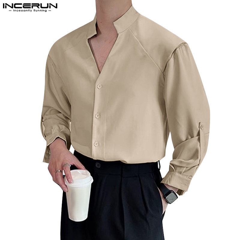 Incerun เสื้อเชิ้ตแขนยาว คอปกตั้ง สีพื้น สไตล์เกาหลี สําหรับผู้ชาย