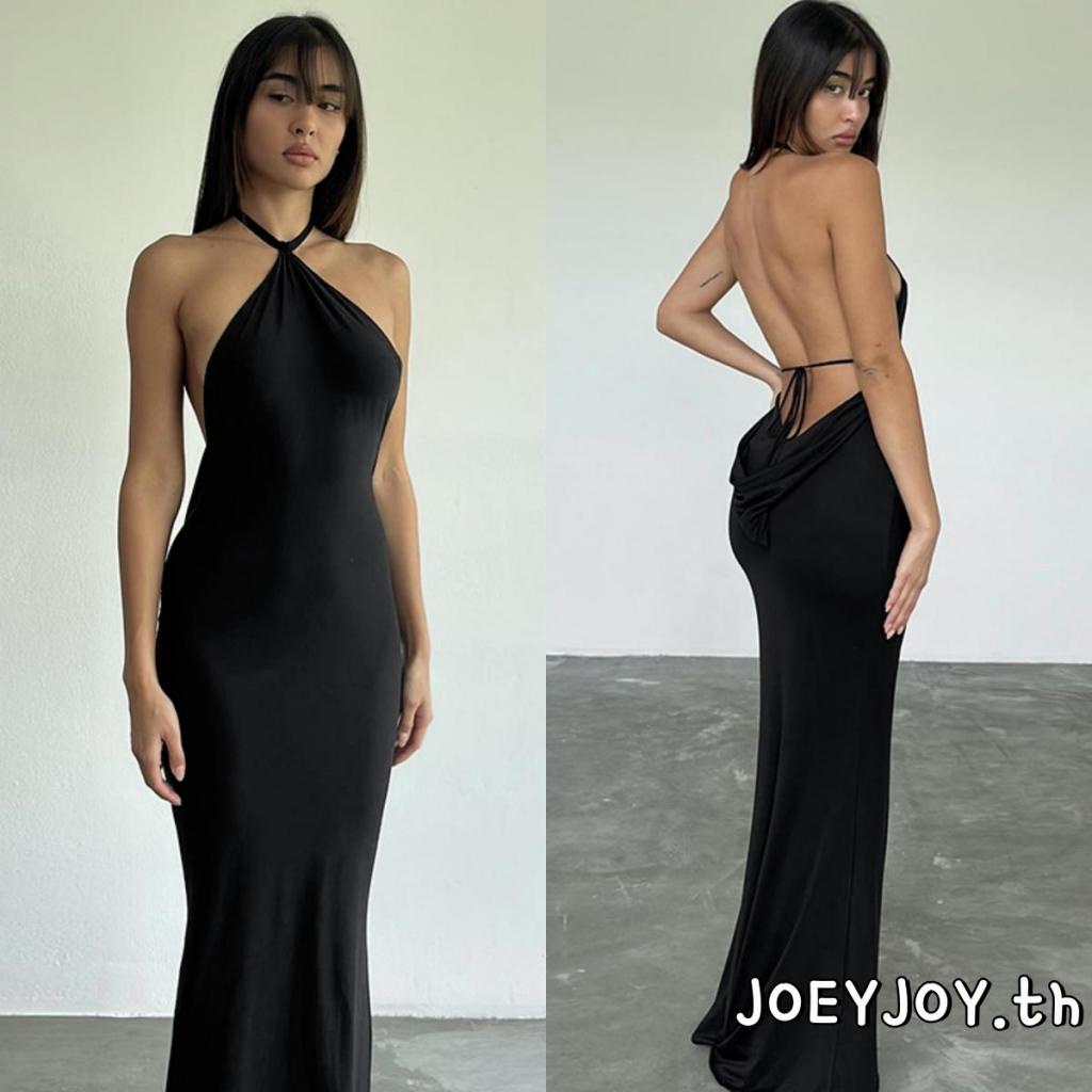 Joeyjoy-ชุดเดรสยาวคลุมเข่าสีพื้นแขนกุดคอวีสำหรับผู้หญิงสำหรับงานปาร์ตี้