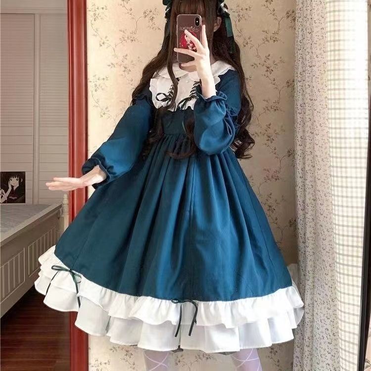กระโปรง Lolita ฤดูใบไม้ผลิฤดูร้อนอ่อนน้องสาว Loli กระโปรงใหญ่นักเรียนน่ารัก OP ชุดแขนยาว