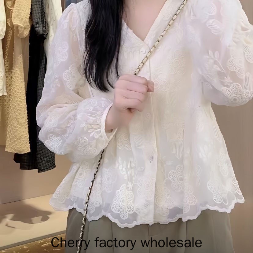 ใหม่ เสื้อเชิ้ตแขนยาว คอวี แต่งลูกไม้ สีพื้น แฟชั่นสําหรับผู้หญิง