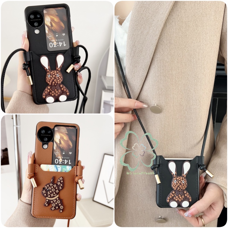เคสโทรศัพท์มือถือหนัง PC แข็ง แบบฝาพับ กันกระแทก ลายสุนัข กระต่าย 3D พร้อมช่องใส่บัตร และสายคล้อง สําหรับ OPPO Find N3 N2