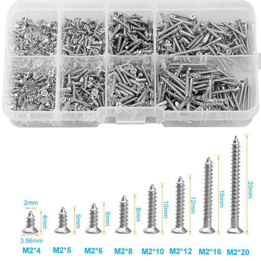 800pcs/box Nickel-Plate Carbon Steel Self Tapping Screw M2x4 M2x5 M2x6 M2x8 M2x10 Assortment Kit Loc
