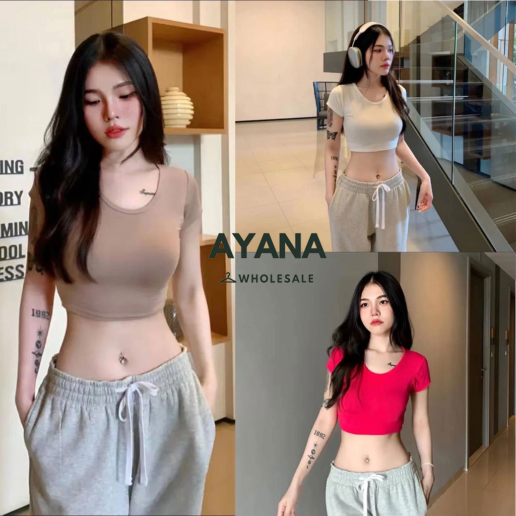 เสื้อครอปทรงสลิมฟิต รัดรูป สีพื้นสดใส