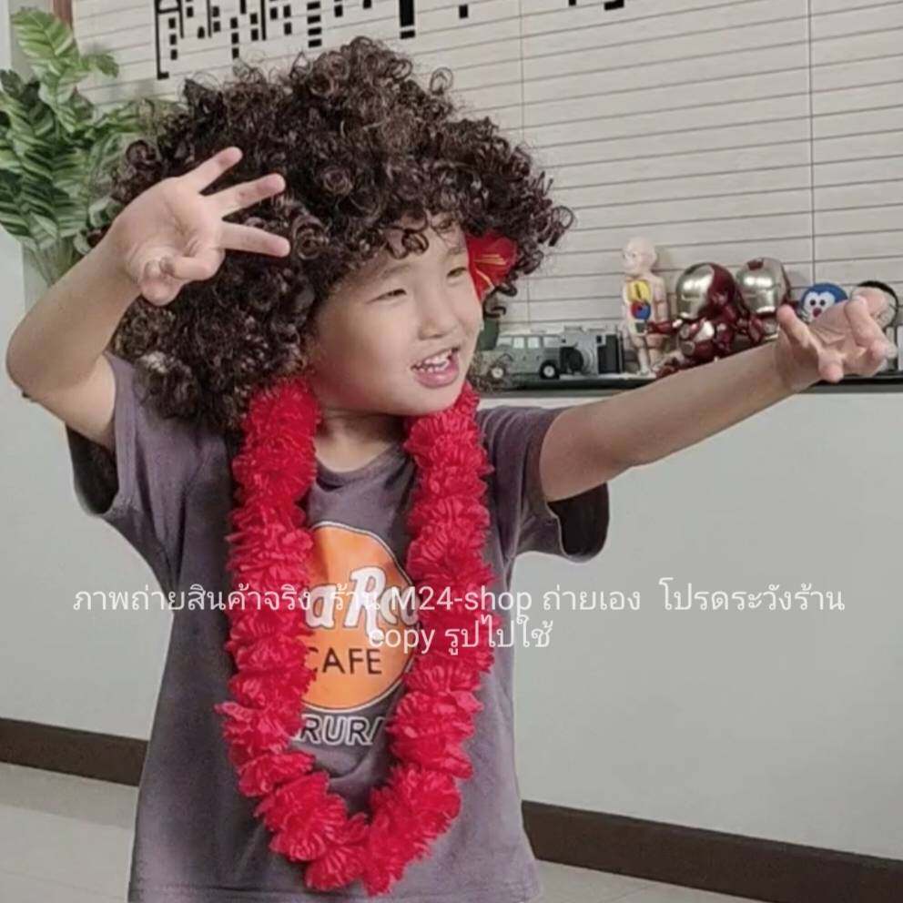 (มีตัวเลือก) คอสตูม เจ้าเงาะ เงาะป่า วิกเจ้าเงาะ วิก เงาะป่า วิก แอฟโฟร่ มาลัยคอ ดอกชบา ดอกไม้ปลอม afro wig m24