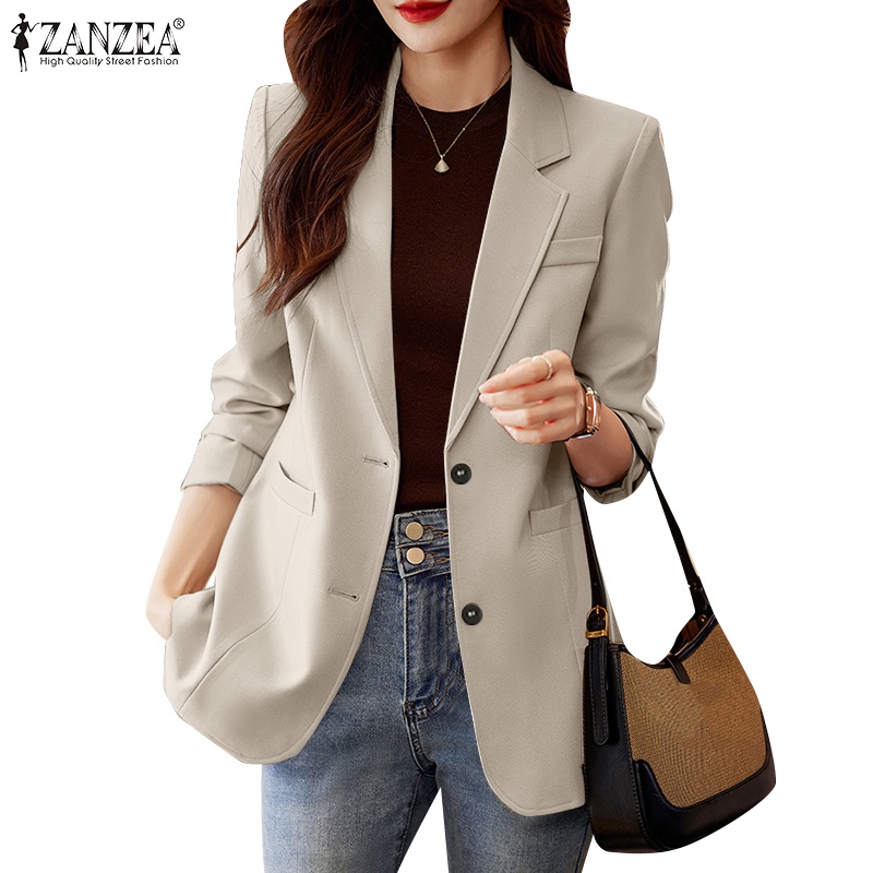 Zanzea เสื้อเบลเซอร์ลําลอง แขนยาว คอปก สีพื้น แฟชั่นสไตล์เกาหลี สําหรับผู้หญิง