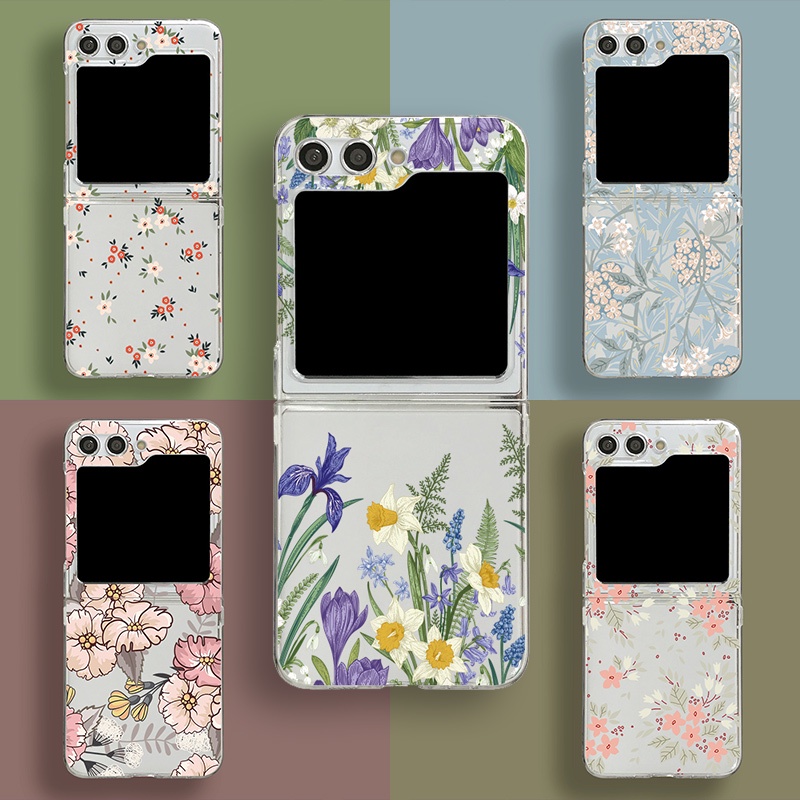แฟชั่นดอกไม้กรณี Samsung Galaxy Z Flip 5 5G เคสโทรศัพท์ Clear Hard PC ฝาครอบป้องกันโปร่งใสกันกระแทกสําหรับ Z Flip 4 Flip3