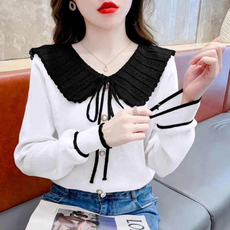 พร้อมส่ง สีขาวน่ารักสไตล์วิทยาลัยใส่สบายคอตุ๊กตาสไตล์เกาหลีประกบเสื้อสเวตเตอร์ผูกเชือกสไตล์ใหม่และ
