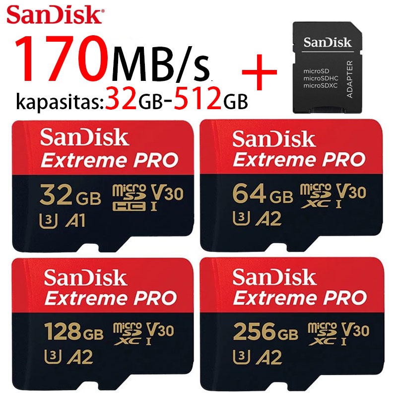 การ์ดหน่วยความจํา Micro SD SanDisk Extreme Pro 32GB 64GB 128GB 256GB 512GB Class 10 U3 170 MB/s SDXC 4K UHD