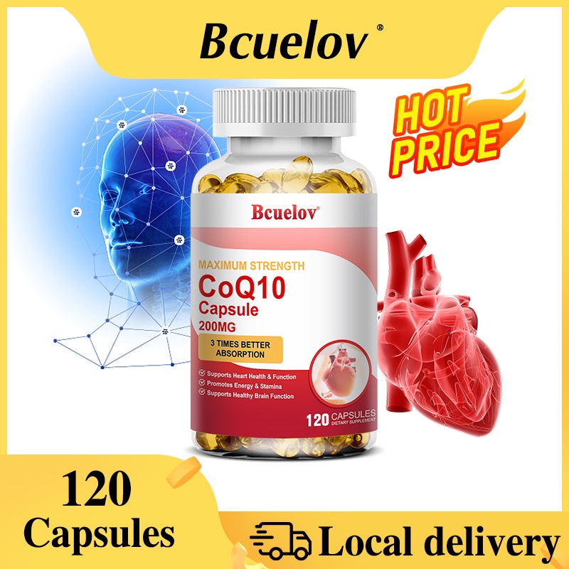 Bcuelov CoQ10 อาหารเสริม แคปซูล 200 มก. เพื่อสุขภาพหัวใจ สําหรับพลังงานและความอดทน รองรับ 120 แคปซูล