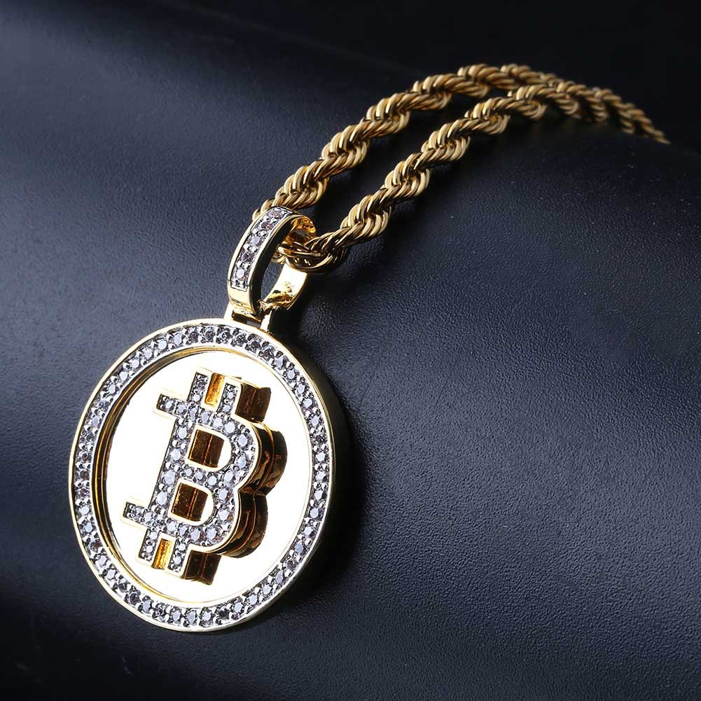 18k Gold Bitcoin Sign Sparkled จี้สร้อยคอสําหรับผู้ชาย Jewerly Hip Hop สไตล์ Zirconia สร้อยคอ XMas