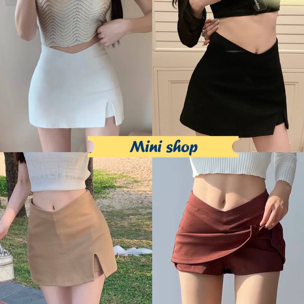 Mini shop🌸พร้อมส่ง🌸 (7315) กระโปรงเอววี ขาสั้นสีพื้น แหวกข้างซ้าย ซิปรูดด้านขวา