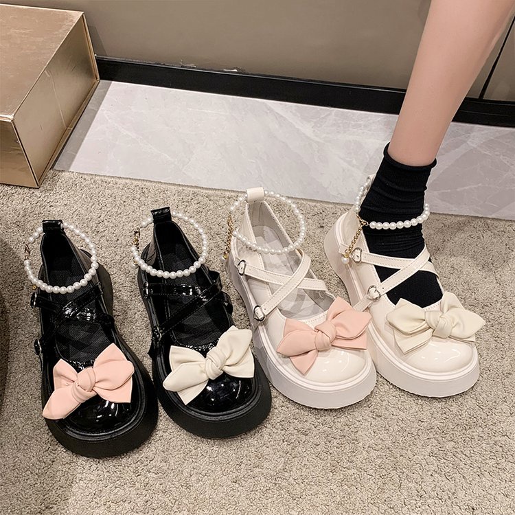 หวานแมรี่เจนรองเท้าเดียวโบว์มุกโซ่รองเท้าหนังขนาดเล็กรองเท้าแพลตฟอร์มสําหรับผู้หญิง