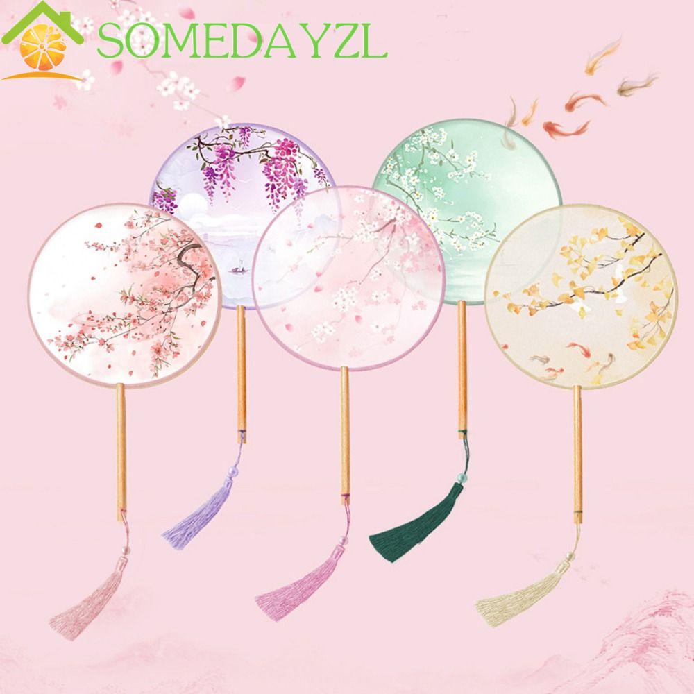 Somedayzl พัดผ้าไหม ปักลายดอกไม้ สไตล์จีนวินเทจ พร้อมจี้พู่