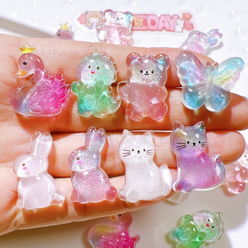 ถ้วยน้ําเรซิ่น ลายการ์ตูนแมว กระต่าย ด้านหลังแบน อุปกรณ์เสริม สําหรับทําเครื่องประดับ ทํามือ DIY จํานวน 10 ชิ้น ต่อแพ็ค