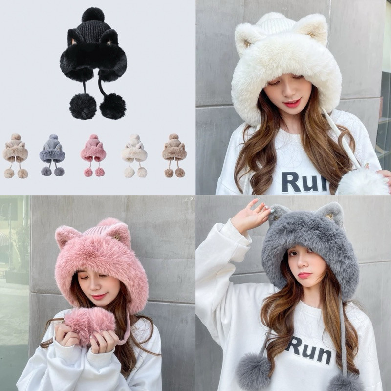 (Sz) หมวกกันหนาว ไหมพรมขนเฟอร์ หัวจุกหูทองแมว
