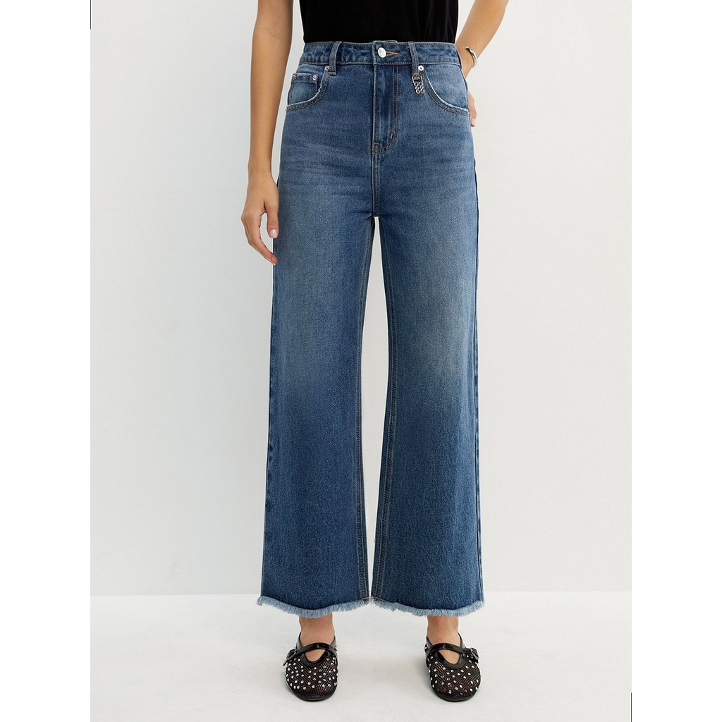 [Pomelo] กางเกงยีนส์ขากว้างดีไซน์ขอบรุ่ย / Frayed Hem Wide Leg Jeans