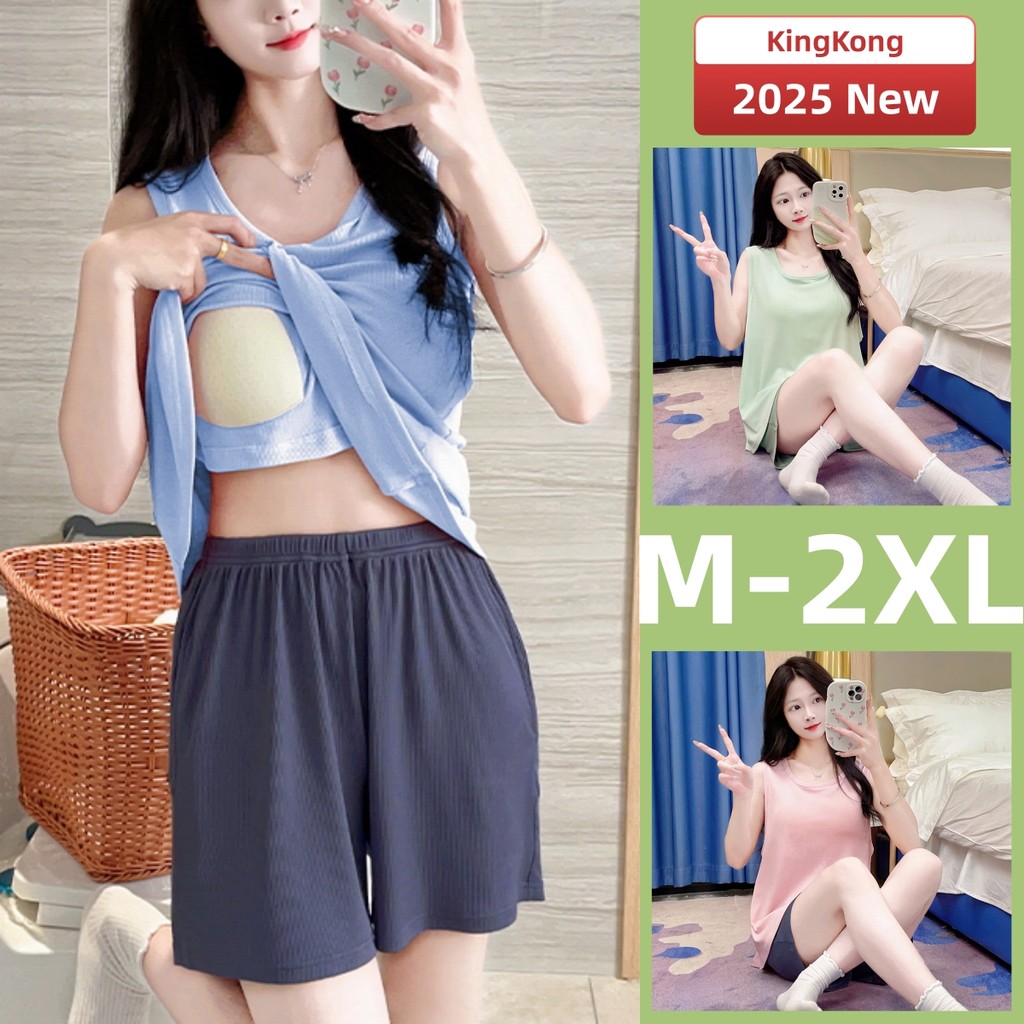 ชุดนอนผู้หญิงฤดูร้อนแขนกุดสีทึบพร้อมแผ่นอก บาง ใส่สบาย Loungewear M-2XL
