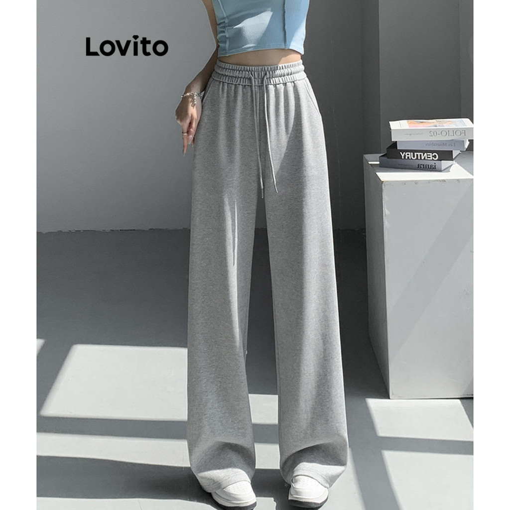 Lovito กางเกงขายาวผู้หญิง แต่งกระเป๋า จับจีบ สีพื้น สไตล์ลำลอง LNE65359