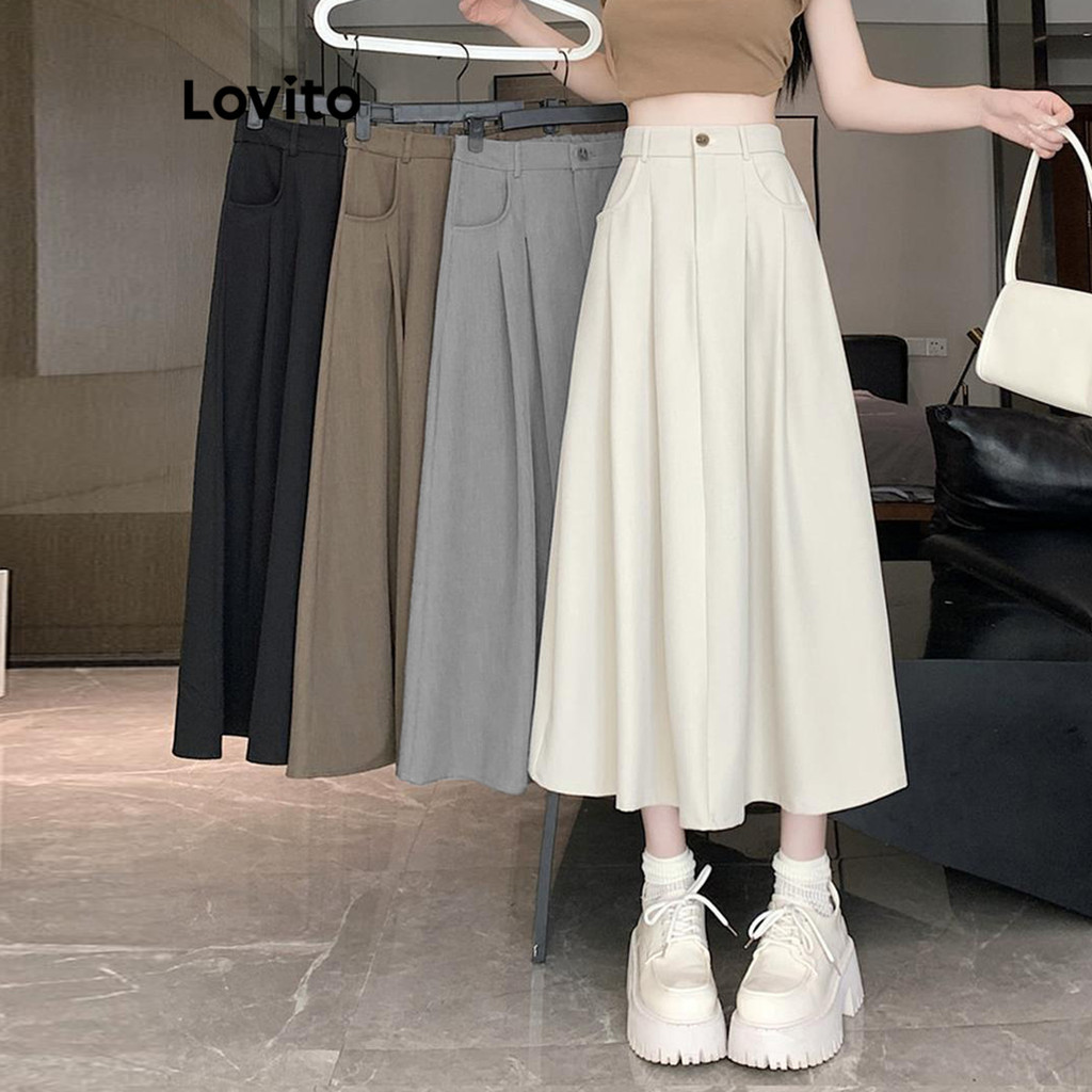 Lovito กางเกงขายาวผู้หญิง ตีเกล็ดหน้า สีพื้น สไตล์ลำลอง LNE61283(หลากสี)