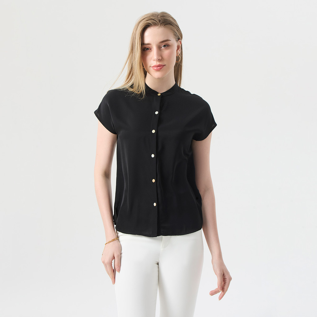 ESPADA เสื้อเบลาส์ ลายทางทอเทคนิคแจ็คการ์ด ผู้หญิง สีดำ | Striped Jacquard Blouse | 05037