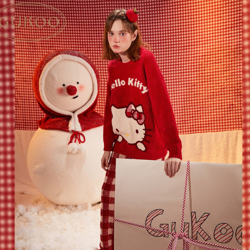 Gukoo x Hello Kitty /Half-edge fleece pajamas in winter new year red home clothes D ชุดนอนฮัลโหล คิต