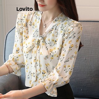 Lovito เสื้อเบลาส์ แต่งลูกไม้ ลายดอกไม้ หรูหรา สําหรับผู้หญิง LNE21248 (สีเหลืองอ่อน)