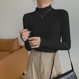 เสื้อยืดแขนยาว คอสูง แบบเข้ารูป เข้ากับทุกการแต่งกาย แฟชั่นบอททอม สําหรับผู้หญิง