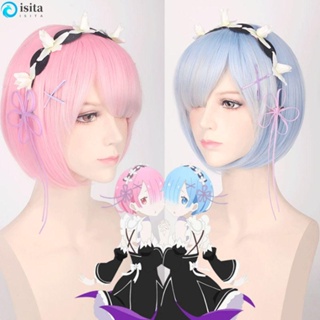 Isita วิกผมคอสเพลย์ ผมหน้าม้าสังเคราะห์ธรรมชาติ Rem Ram สีฟ้า