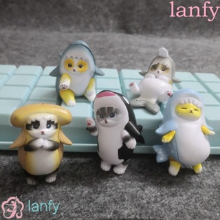 Lanfy ตุ๊กตาฟิกเกอร์ รูปการ์ตูนแมว กุ้งทอด ฉลามน่ารัก DIY สําหรับตกแต่งโต๊ะ