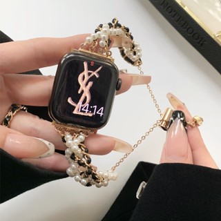 สายนาฬิกาข้อมือ ประดับไข่มุก สีดําทอง สําหรับ iWatch Ultra 2 9 8 SE 7 6 5 4 3 1 49 มม. 41 มม. 45 มม. 38/42 มม. 40/44 มม.