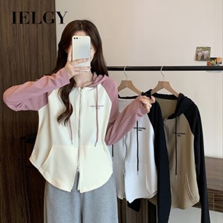 Ielgy เสื้อแจ็กเก็ต แขนยาว มีซิปคู่ ทรงหลวม สีตัดกัน สไตล์ตะวันตก สําหรับผู้หญิง